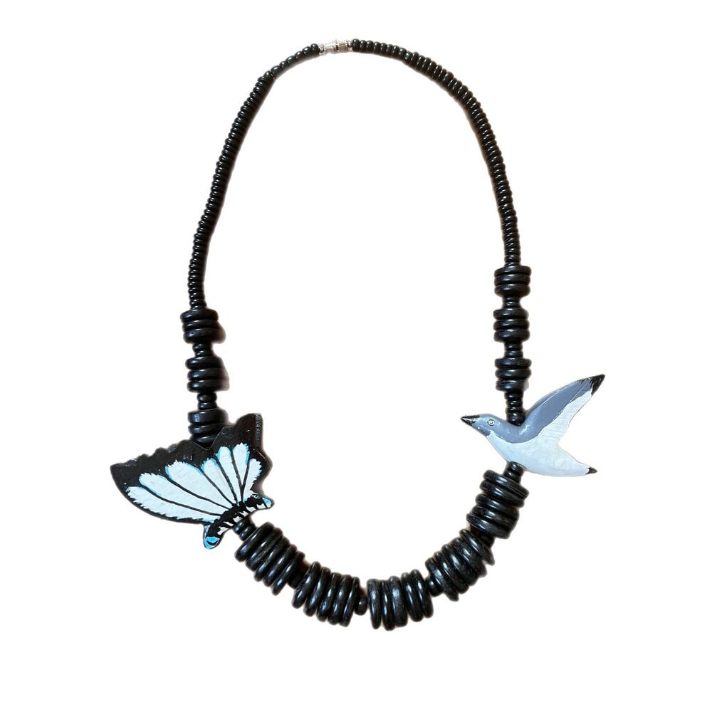 Vintage avant-garde Necklace, Wooden, Butterfly, Bird, Beads, Hand Carved